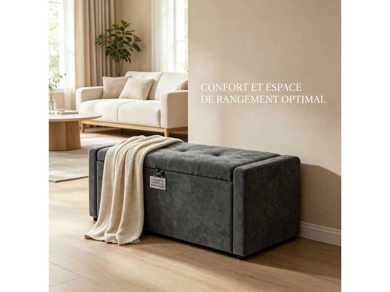  Banc de rangement gris foncé 122 cm en lin, coffre bout de lit  - Conforama B