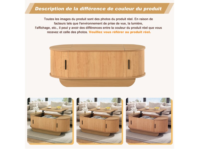  Table basse relevable ovale 100x50 cm, plateau réglable, portes à rideaux latérales, grand espace de rangement, couleur bois naturel  - Conforama W