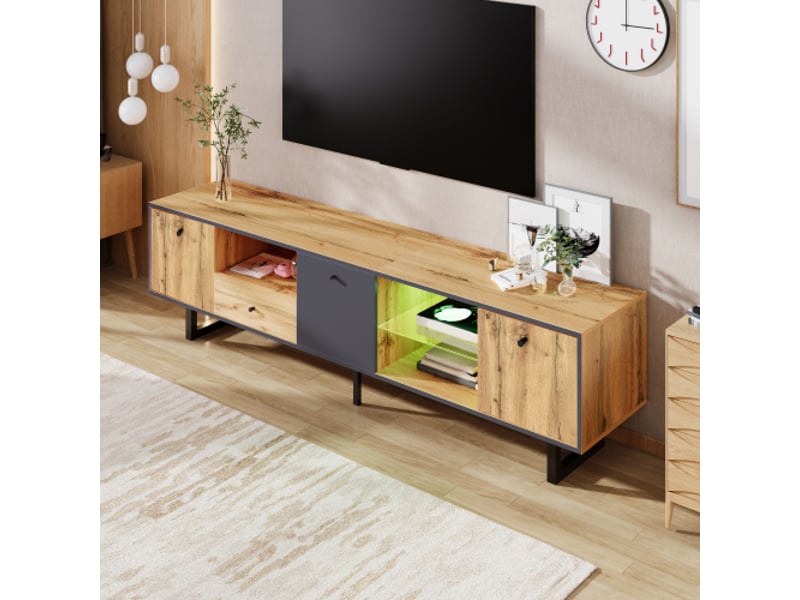 Meuble tele haut led design | lowboard avec éclairage led, séparation verre et charnières amorties 190 x 40 x 50 cm - Conforama C