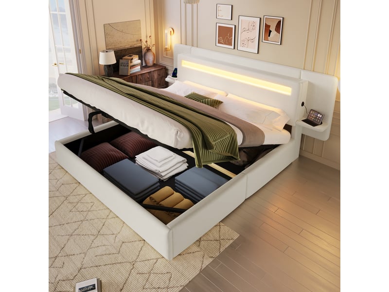  Lit coffre capitonné 180 x 200 cm - avec rangement coffre - table de chevet, port usb et led - mdf + lin - beige (sans matelas)  - Conforama E