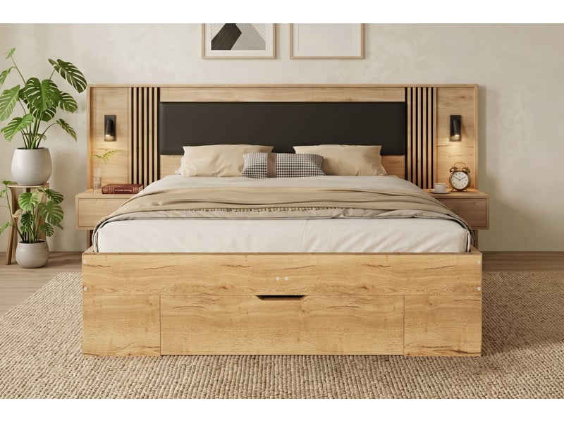  Lit double 180x200 cm avec sommier à lattes bois naturel mdf rangement tiroirs 2 tables de nuit et lampes de lecture intégrées Sol Morn - Conforama E