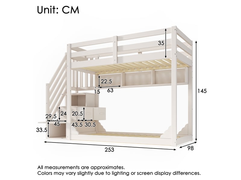  Lit superposé enfant 90x200 - escalier de rangement - 2 tiroirs tissu - 3 étagères ouvertes - garde-corps - sommier inclus - blanc  - Conforama E