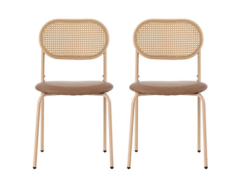  Lot de 2 chaises de salle à manger 46x48x80 cm, dossier ovale rotin, pieds métal, assise pu, marron  - Conforama A