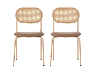Lot de 2 chaises de salle à manger 46x48x80 cm, dossier ovale rotin, pieds métal, assise pu, marron