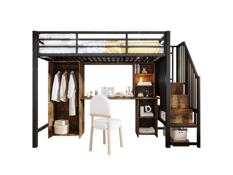  Lit mezzanine 90 x 200 cm avec bureau et armoire, structure métal et mdf noire, rangements intégrés  - Conforama A