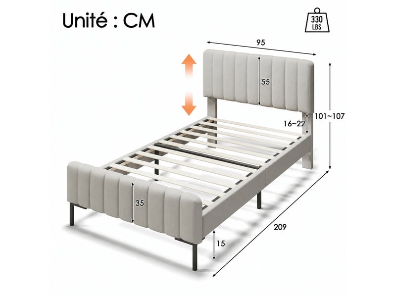 Lit rembourré 90 x 200 cm avec sommier, tête réglable, en lin gris beige - Conforama C
