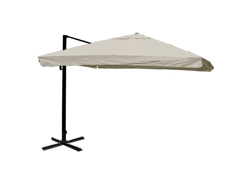 Parasol déporté 3 x 4 m rotatif à 360° avec lambrequin base en croix et inclinaison réglable sans pied polyester crème gris et aluminium 04_0010666 - Conforama A