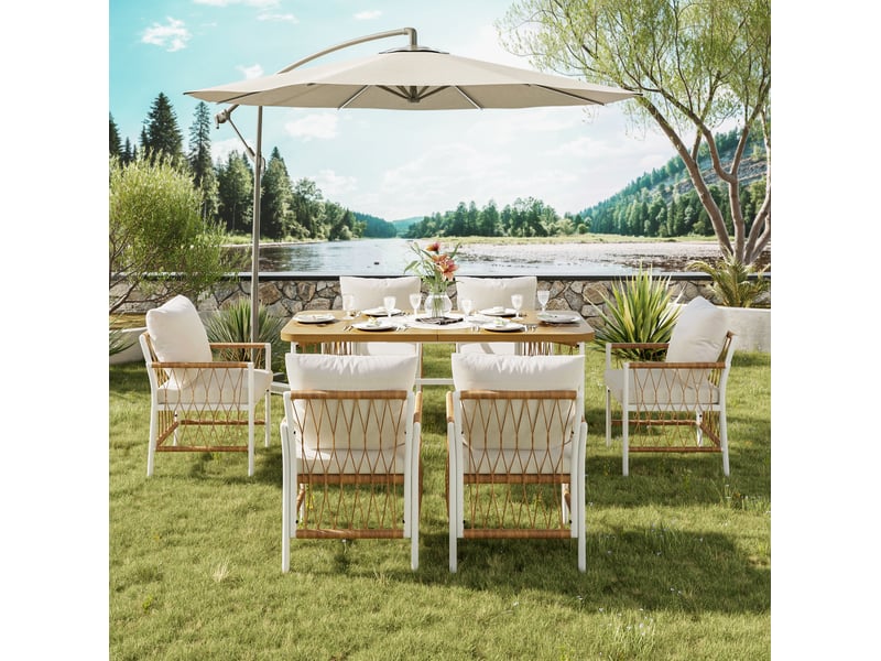Salon de jardin 159,5x77,5x75 cm 1 table et 6 chaises avec coussins métal beige, brun et naturel - Conforama E