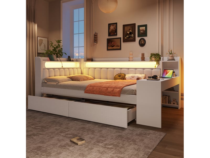  Lit jeune 140x200 cm, pour chambre, avec éclairage led 7 couleurs, usb, bureau et 2 tiroirs, mdf, contreplaqué, blanc  - Conforama D