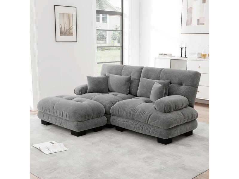  Canapé d'angle, canapé 2 places – avec pouf, coussins inclus, larges accoudoirs, en chenille, style cloud  - Conforama A