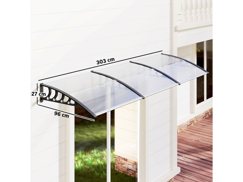  Auvent en polycarbonate et aluminium pour balcons, fenêtres et portes, 303 x 96 x 27 cm, noir et transparent  - Conforama E