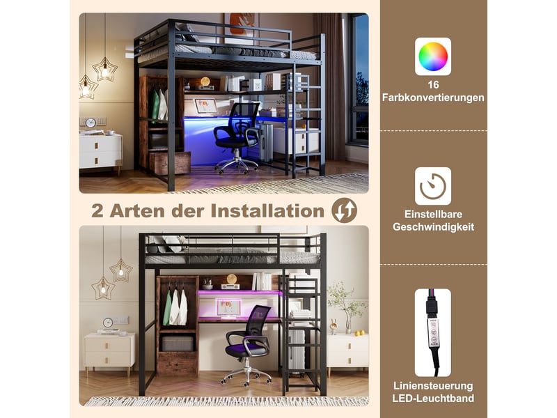  Lit mezzanine noir 140x200cm avec escalier rangement, bureau, 1 tiroir, structure robuste, gain de place - fer - pour enfant ado  - Conforama C