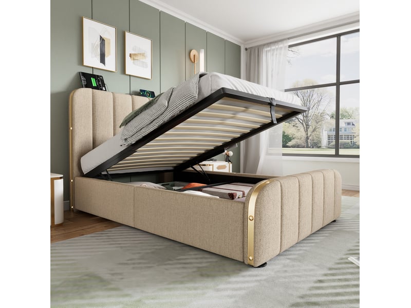  Lit coffre 1 place, 90x200 cm, avec rangement, usb type c, tête de lit rembourrée, matelas inclus, lin, coloris beige  - Conforama D
