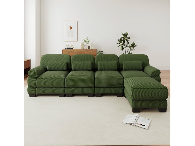  Canapé d’angle modulable 4 places modenvie avec pouf, 336 x 161 x 94 cm, velours côtelé vert  - Conforama D
