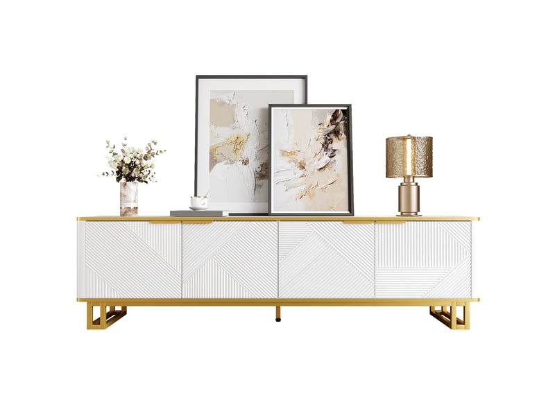  Meuble tv blanc et or 160 cm 4 portes - design géométrique mdf métal  - Conforama A