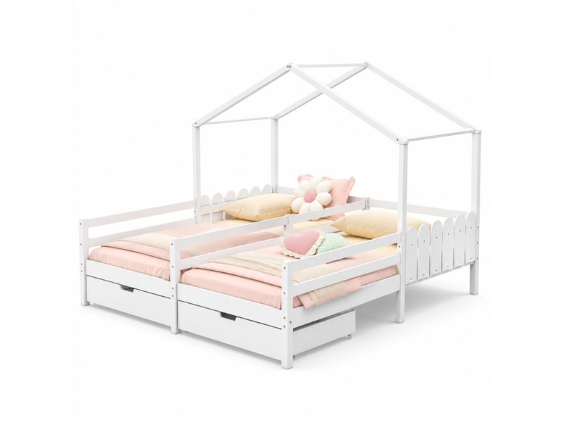 Lit enfant maison double blanc avec 2 tiroirs 208 x 188,5 x 158 cm - Conforama A