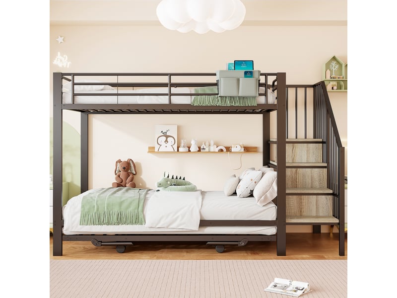 Lit superposé extensible avec escalier rangement et poche tissu, métal noir, 90x200180x200 cm - Conforama B