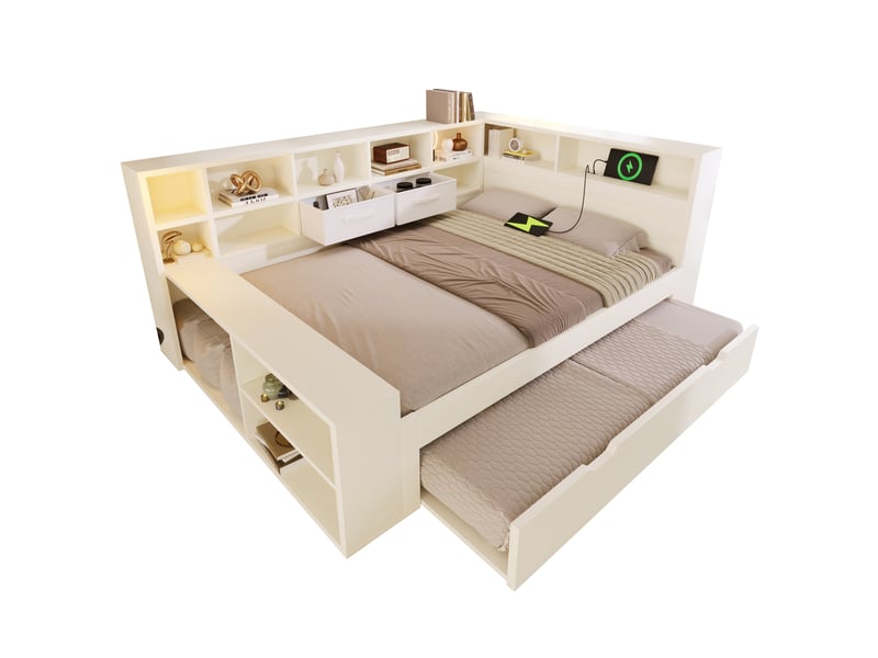 Lit gigogne blanc avec port usb-c et tiroirs, lit principal 140 x 200 cm - Conforama R