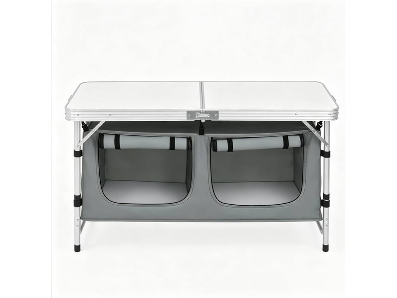  Table de camping pliable 120 x 47 cm gris et blanc en aluminium et mdf, hauteur réglable avec sac de rangement  - Conforama A