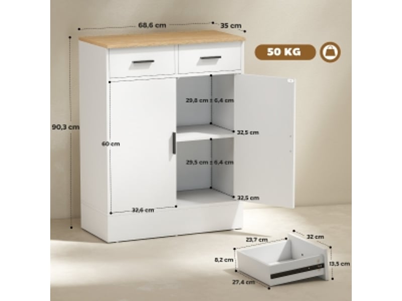 Buffet de rangement avec 2 tiroirs et étagère réglable pour cuisine et salon en bois blanc 68,6 × 35 × 90,3 cm - uvrion - Conforama D