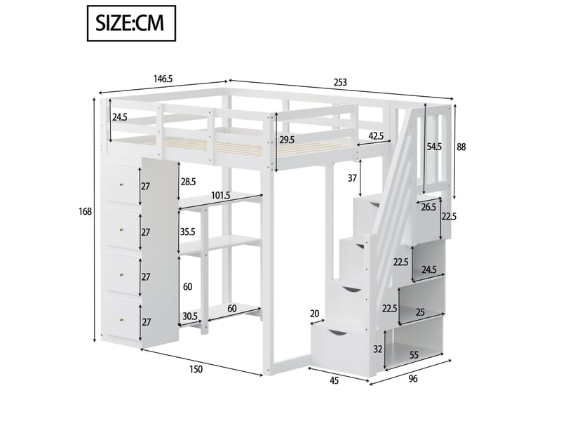  Lit mezzanine 140x200cm, escalier, sommier, étagères, espace de rangement, 4 tiroirs, lit enfant, en bois+mdf, blanc sans matelas  - Conforama C