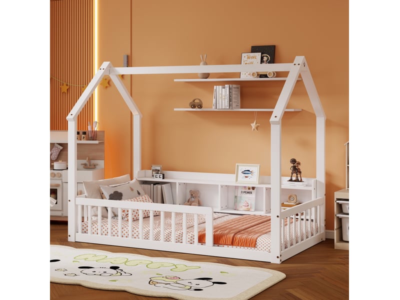  Lit enfant cabane 90x200 cm avec étagères et barrières, blanc, sans matelas  - Conforama W