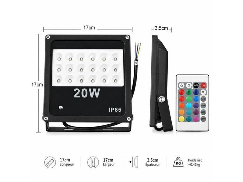  Projecteur led exterieur 20w rgb ip65 aluminium fin avec telecommande, 16 couleurs et 4 modes 238073_AABQO40966_6_DROPFR - Conforama B