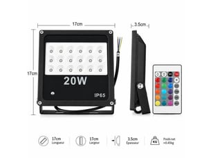 Projecteur led exterieur 20w rgb ip65 aluminium fin avec telecommande, 16 couleurs et 4 modes