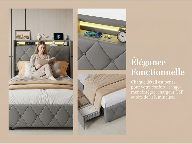  Lit 90x200 cm avec led, tête de lit avec étagère, lit capitonné pu gris, sommier à lattes inclus, style moderne  - Conforama E