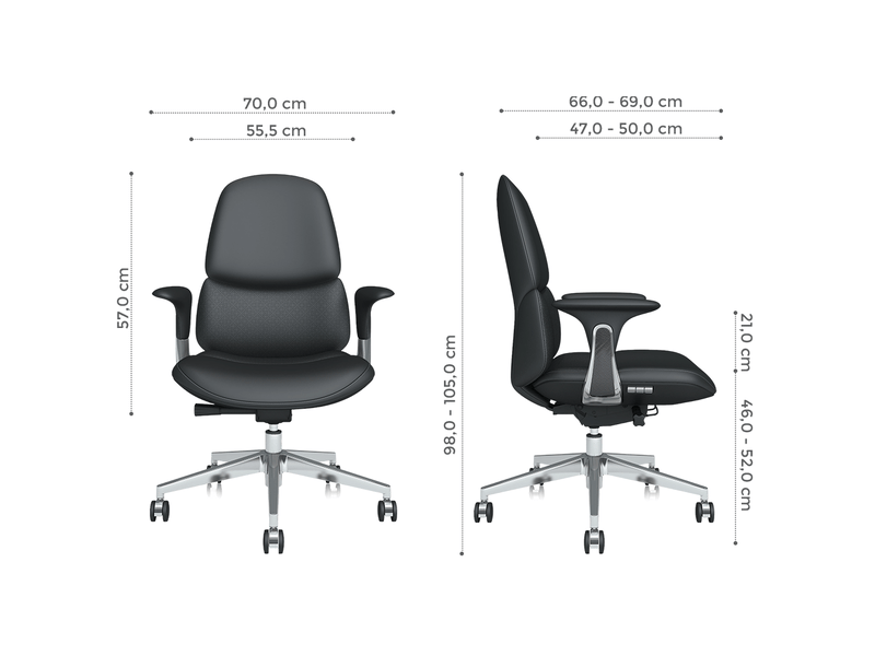  Chaise de bureau mi-dossier en cuir noir, mécanisme inclinable verrouillable jusqu'à 127°, 69 × 70 × 105 cm  - Conforama B