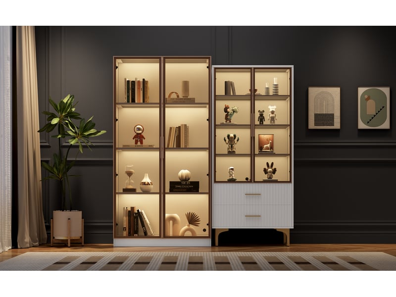  Ensemble de 2 vitrines led blanches, 80 x 40 x 160 cm + 70 x 35 x 150 cm, portes vitrées et tablettes réglables Fay Lum - Conforama E