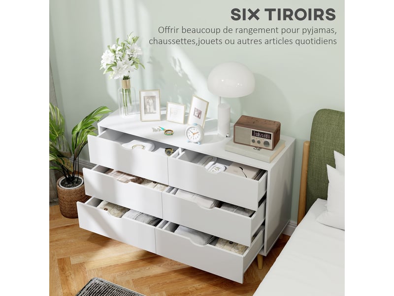  Commode 6 tiroirs meuble de rangement 5 pieds biseautés en bois  blanc 120 x 40 x 76 cm  - Conforama E