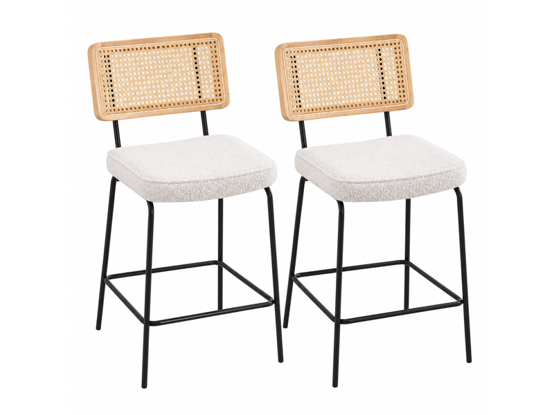  Lot de 2 tabourets de bar modernes ivoire en chenille, dossier effet rotin, pieds métal  - Conforama A