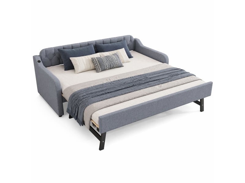  Lit gigogne 90x200 cm convertible en canapé avec port usb, revêtement en lin gris  - Conforama A