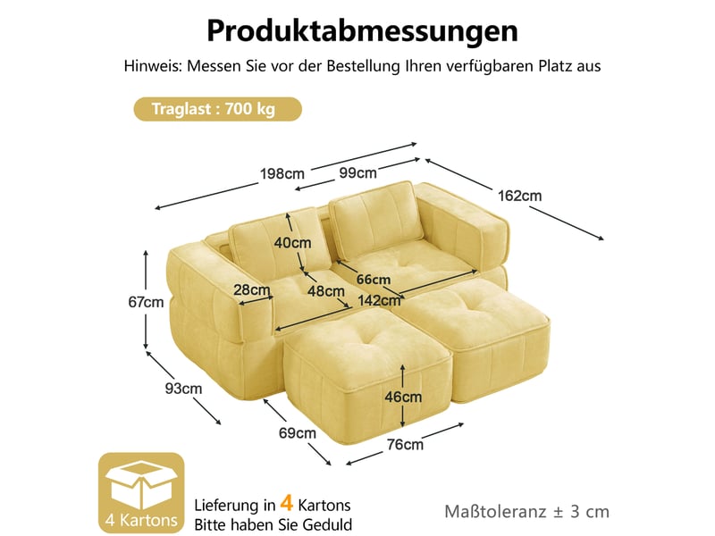 Canapé modulable 2 places modenvie avec 2 poufs, sans montants de soutien, mousse 32d haute densité, assise profonde, tissu polyester jaune - Conforama C