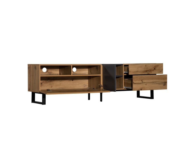  Meuble tv 180cm, design moderne avec effet bois et rangement meuble tv contemporain  - Conforama A