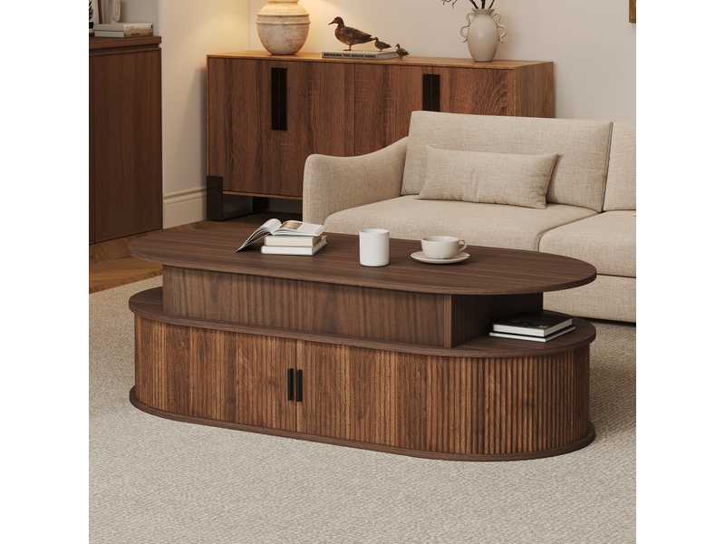  Table basse ovale relevable 100x50x40 cm effet noyer avec rangement  - Conforama B