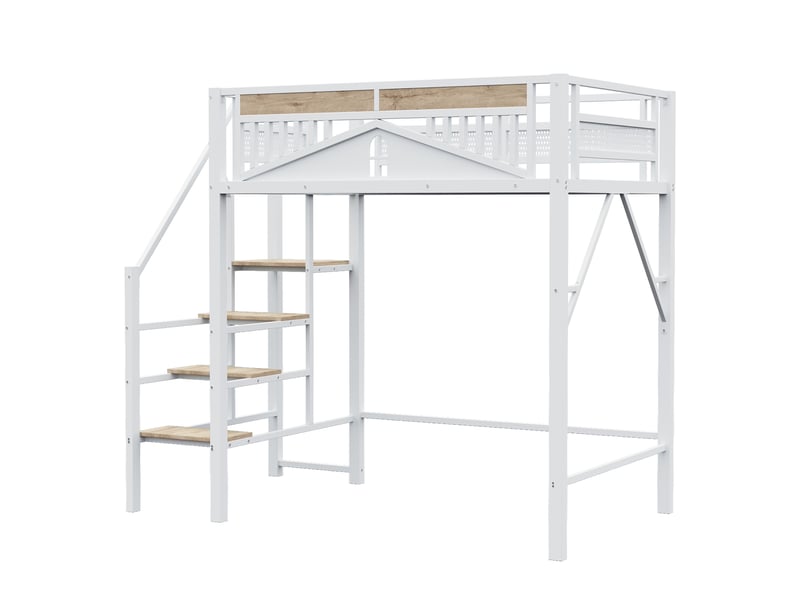  Lit mezzanine 140x200 cm - lit en métal avec échelle sécurisée et rangements - barrière de sécurité design fenêtre - blanc  - Conforama R