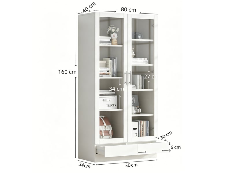  Armoire vitrée de rangement 80 x 40 x 160 cm – blanc – 2 tiroirs push-to-open et rangement modulable  - Conforama C