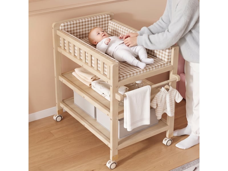  Table à langer 2-en-1 mobile avec rangements, 89 x 58 x 102 cm, bois de pin et mdf naturel  - Conforama B