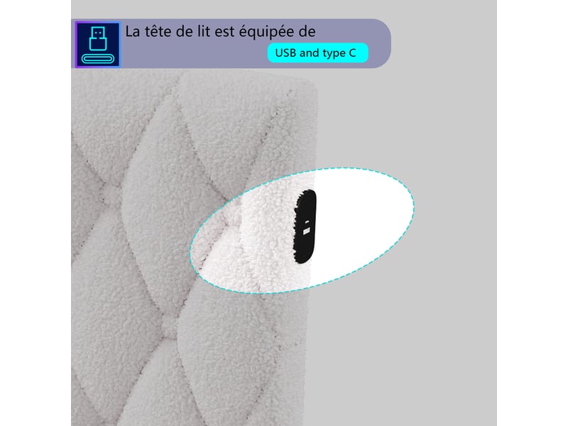  Kefsr lit double banquette 140x200 cm, lit rembourré tissu bouclette (laine d'agneau) avec led rgb et usbtype-c, beige  - Conforama D