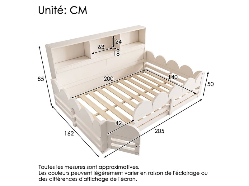  Lit au sol enfant 140x200 blanc en bois avec barrière et étagère  - Conforama C
