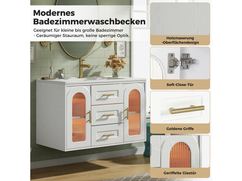  Meuble sous-vasque suspendu 76 cm avec vasque 2 tiroirs 2 portes blanc 76x46x55 cm N888P45336162W - Conforama E