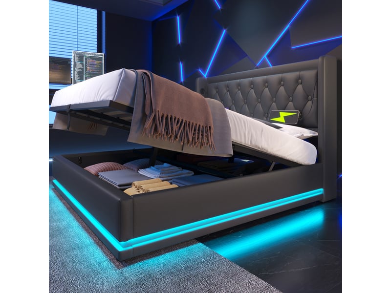 Lit coffre 160x200 cm avec led, port usb type-c, tête de lit et cadre en métal, sommier inclus, pu, noir, sans matelas - Conforama W