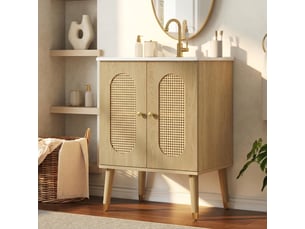 Meuble de salle de bain - 61x47x89 cm - meuble sous vasque avec vasque céramique, 2 portes en rotin, étagère - bois nature
