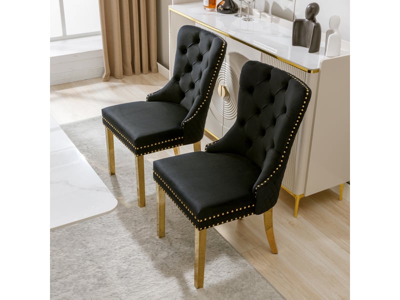  Chaise de salle à manger 51x65.5x95 cm en velours noir et métal doré, dossier orné d'un anneau de décoration  - Conforama D