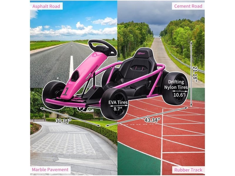  Kart électrique pour enfant 24 v, mode dérive, 2x300 w, siège réglable, mp3, 70 kg – rose PTO_0YXZP3NJ - Conforama E