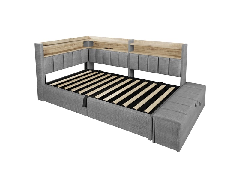  Lit banquette coffre 90 x 200 cm, rangement hydraulique, module latéral réversible, prise, port usb et led, sans matelas, tissu lin gris evarich - Conforama A