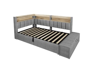 Lit banquette coffre 90 x 200 cm, rangement hydraulique, module latéral réversible, prise, port usb et led, sans matelas, tissu lin gris