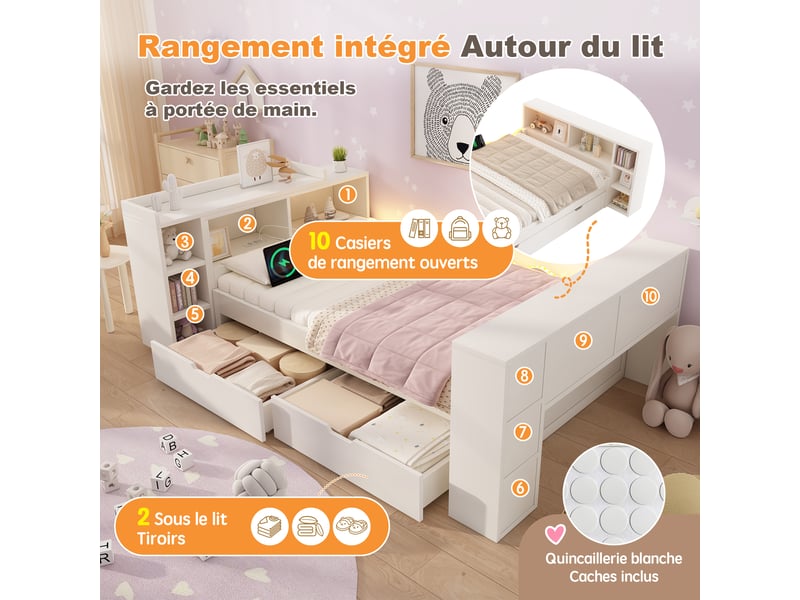  Canapé-lit 140x190cm - avec 2 tiroirs - avec éclairage led et prises de recharge - avec bureau extensible - blanc (matelas non inclus)  - Conforama R